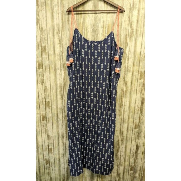 Peyton & Parker Blue Linen Blend Maxi Dress Tassels Side Slits Beachy XL - Picture 1 of 7